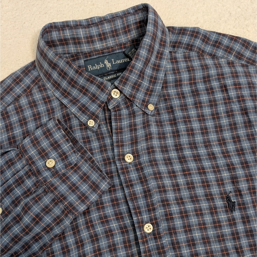 Ralph Lauren L Classic Fit Linen Blend long sleeve Button Down‎ Blue Plaid Read